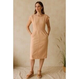 Vtg 80s Pink Structured Stretch Denim Pencil Dress Size 7 Open Back Mizz Lizz